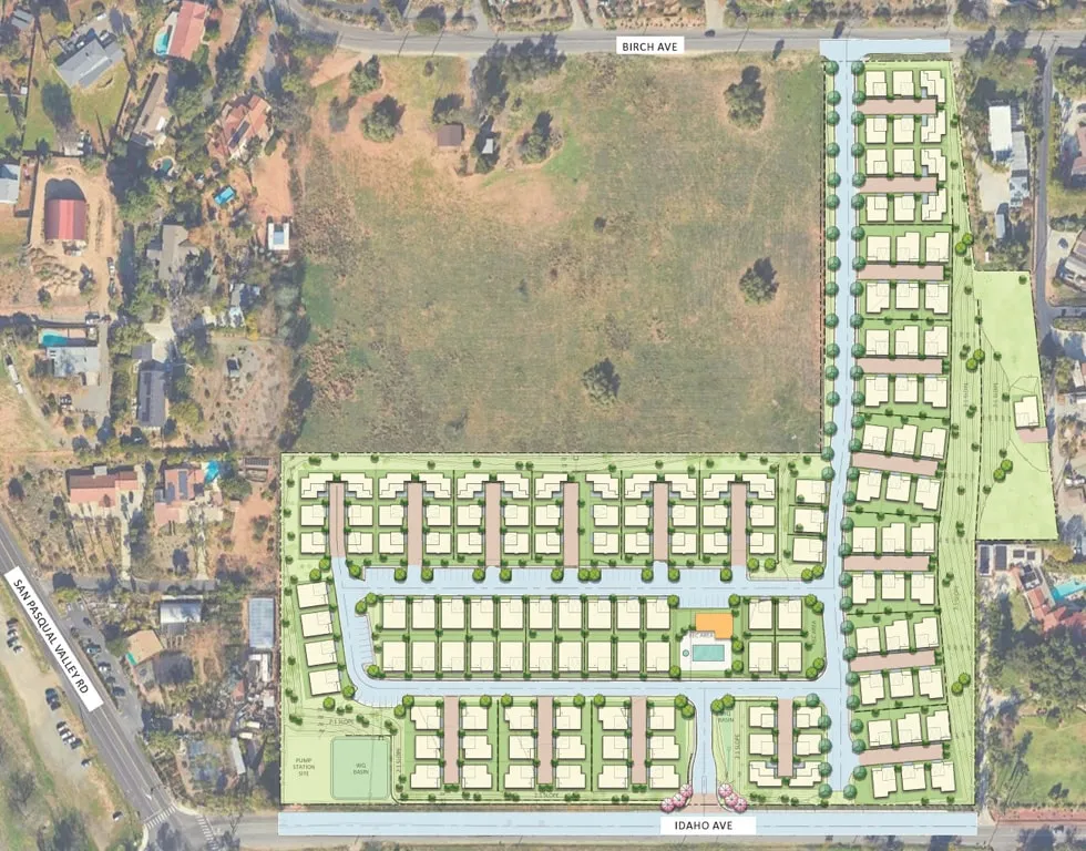 Aldea Escondido's current housing development plan for the 17-acre parcel on the Birch Avenue parcel. 