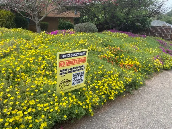A No Annexation yard sign standing among flowers in a front garden of a home.